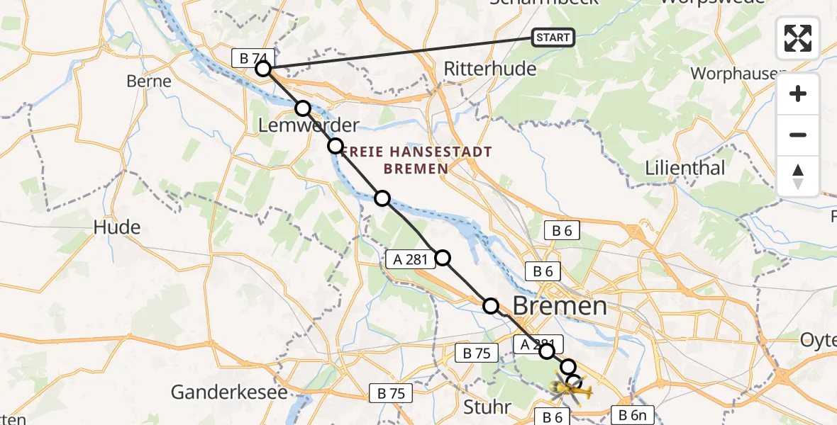 Flugroute Rettungshubschrauber Osterholz - ADAC Air Rescue Station Bremen Heliport (Christoph 6), 28 Februar 2026, 13:07