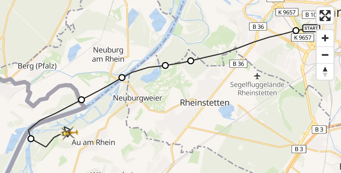 Flugroute Rettungshubschrauber Sankt Vincentius Hospital Heliport - Au am Rhein, 28 Februar 2026, 13:09