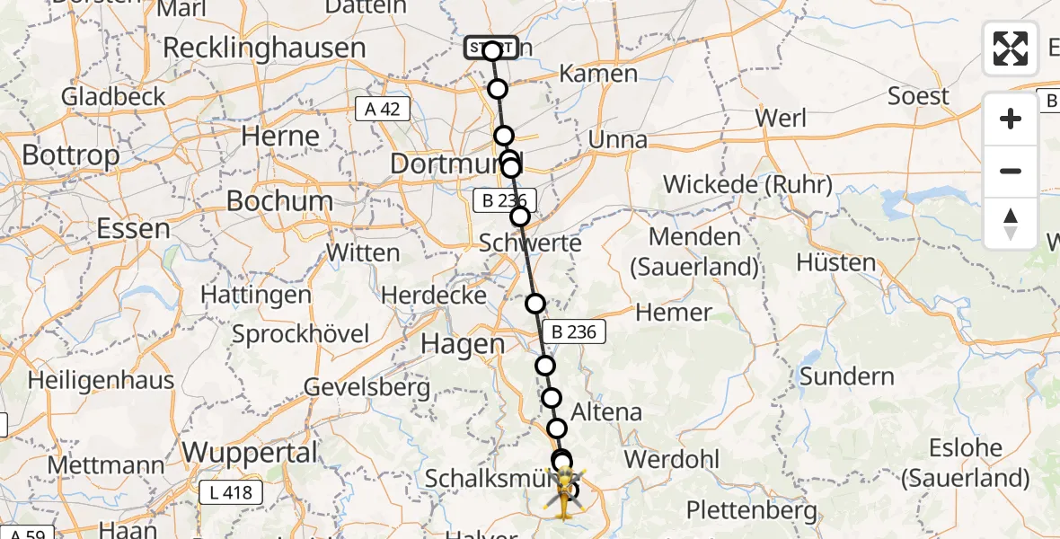 Flugroute Ambulanzhubschrauber Sankt Marien Hospital Heliport - Lüdenscheid, 28 Februar 2026, 13:13