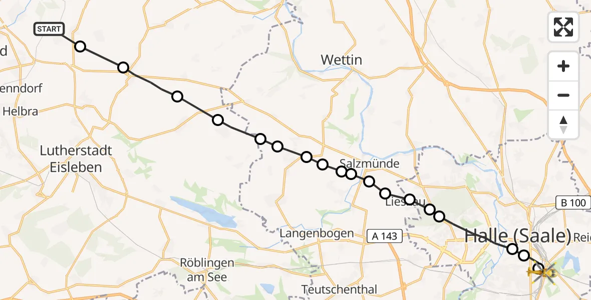 Routekaart van de vlucht: Rettungshubschrauber nach BG Hospital Bergmannstrost Halle Heliport