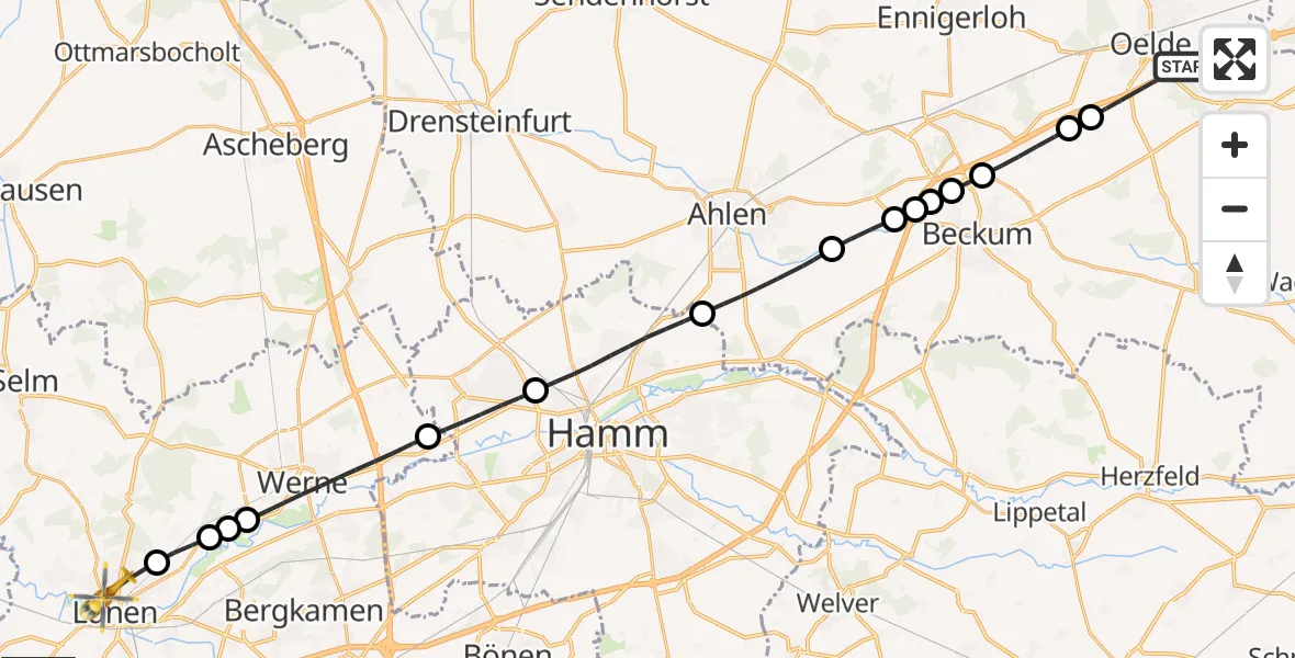 Flugroute Rettungshubschrauber Oelde - Sankt Marien Hospital Heliport, 28 Februar 2026, 13:23