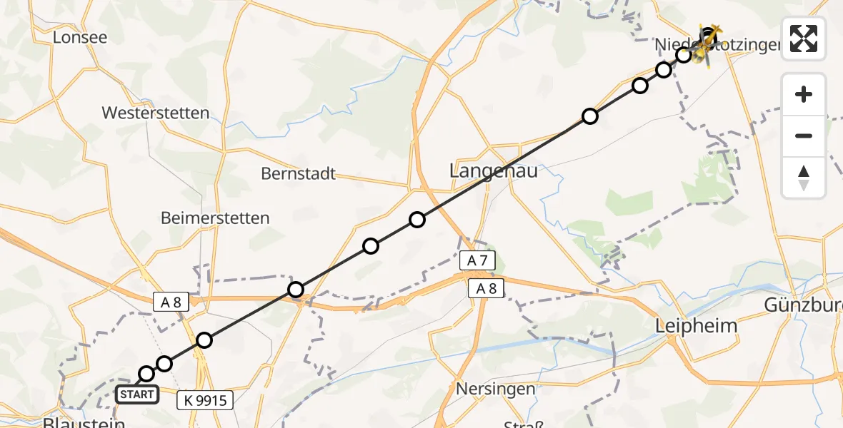 Flugroute Rettungshubschrauber ADAC Air Rescue Station Ulm (Christoph 22) - Niederstotzingen, 28 Februar 2026, 13:28