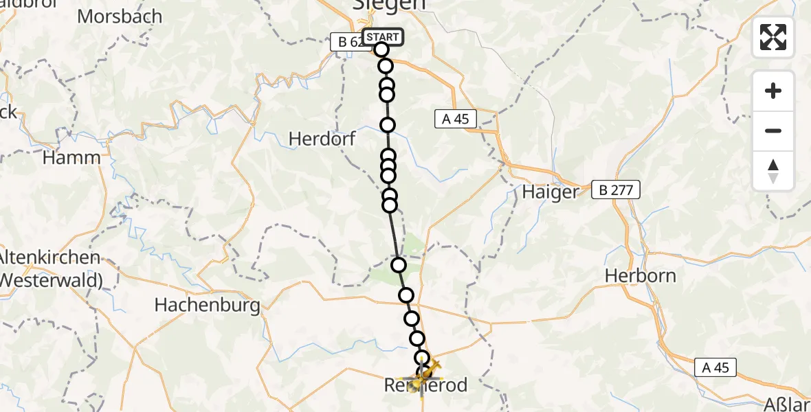 Flugroute Rettungshubschrauber Evangelisches Jung-Stilling Hospital Helipad - Rennerod, 28 Februar 2026, 13:30