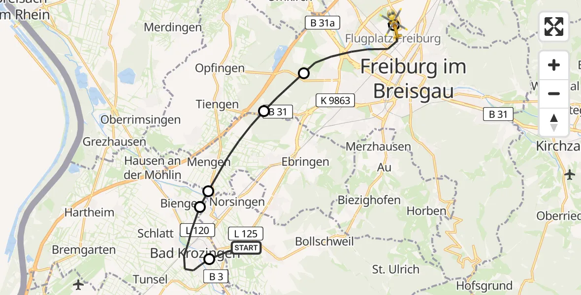 Flugroute Rettungshubschrauber Kirchhofen - Freiburg im Breisgau Airfield, 28 Februar 2026, 13:34