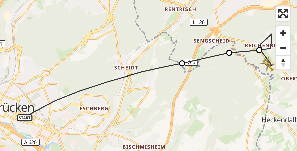 Flugroute Rettungshubschrauber Saarbrücken - St. Ingbert, 28 Februar 2026, 13:41