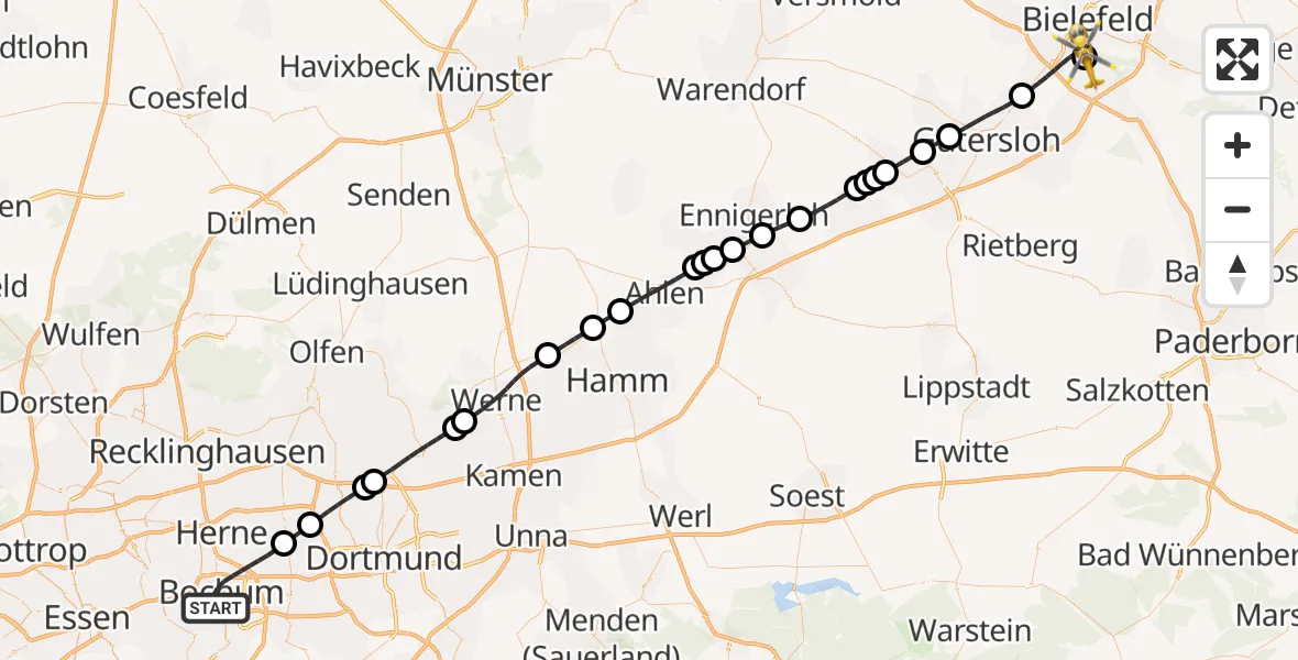 Flugroute Rettungshubschrauber Bochum - Luftrettungszentrum Bielefeld, 28 Februar 2026, 13:54