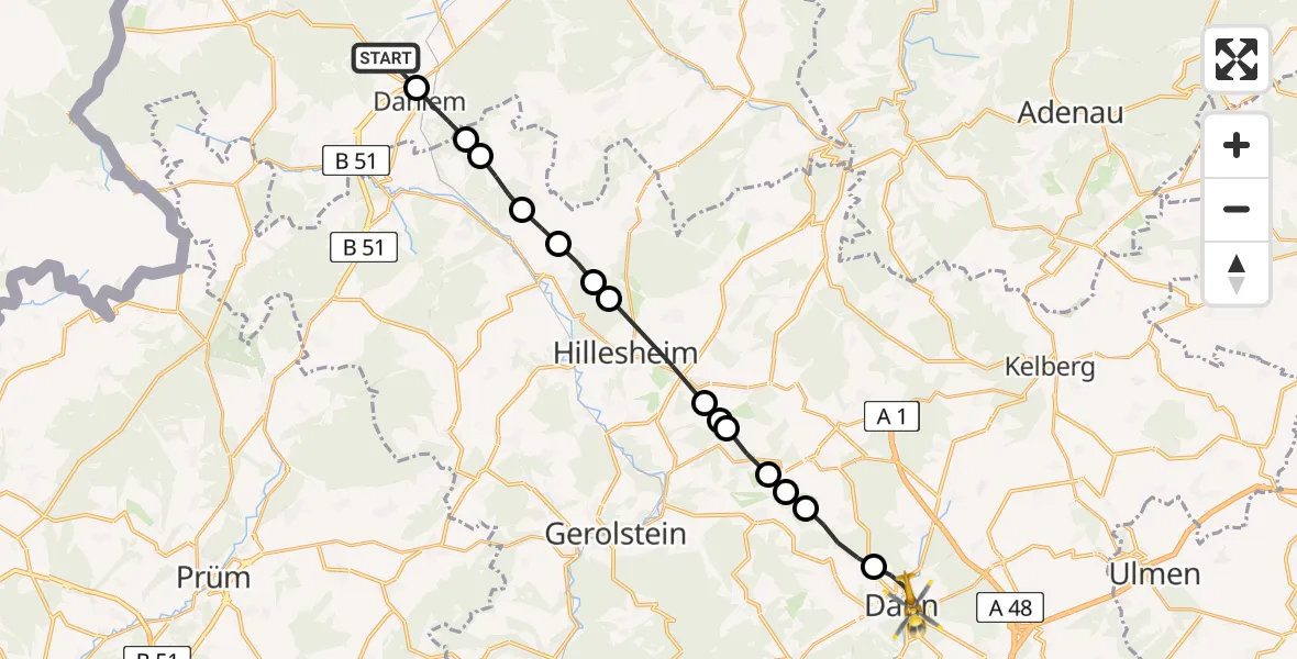 Flugroute Ambulanzhubschrauber Dahlemer Binz Airfield - Daun, 28 Februar 2026, 13:54