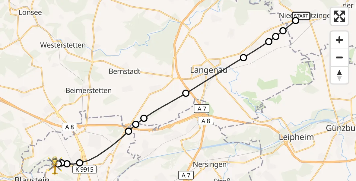 Routekaart van de vlucht: Rettungshubschrauber nach ADAC Air Rescue Station Ulm (Christoph 22)