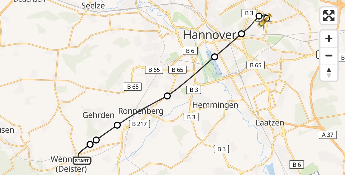 Flugroute Rettungshubschrauber Wennigsen (Deister) - Hannover Air Rescue Heliport (Christoph 4), 28 Februar 2026, 14:11