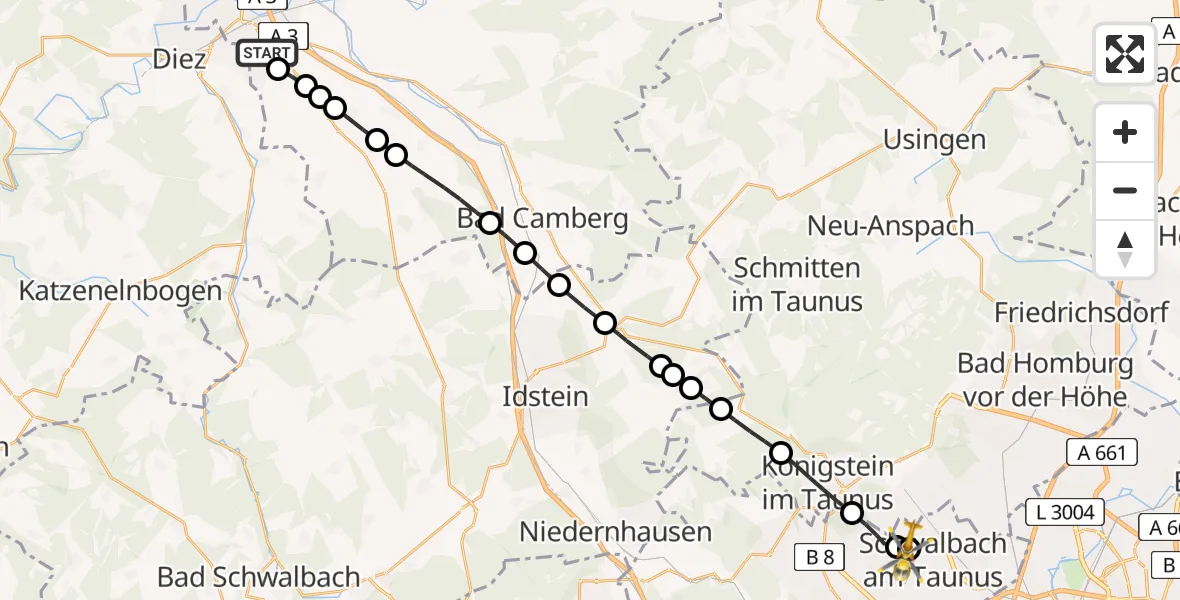 Flugroute Rettungshubschrauber Limburg an der Lahn - Schwalbach am Taunus, 28 Februar 2026, 14:15