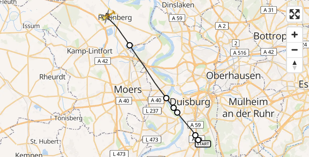 Flugroute Rettungshubschrauber Duisburg Air Rescue Heliport (Christoph 9) - Rheinberg, 28 Februar 2026, 14:20