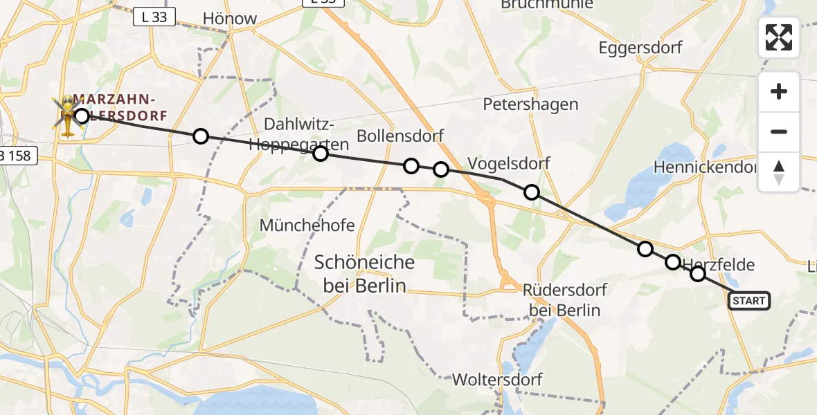 Flugroute Rettungshubschrauber Herzfelde - Berlin Emergency Hospital Heliport, 28 Februar 2026, 14:22