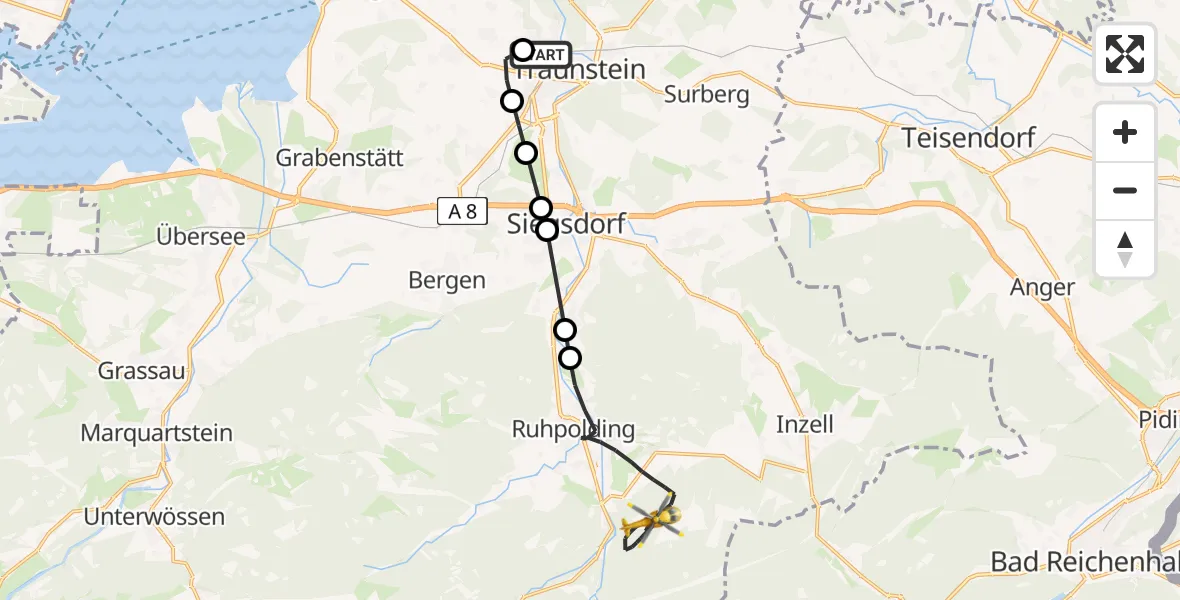 Flugroute Rettungshubschrauber Traunstein Hospital Helipad - Ruhpolding, 28 Februar 2026, 14:23