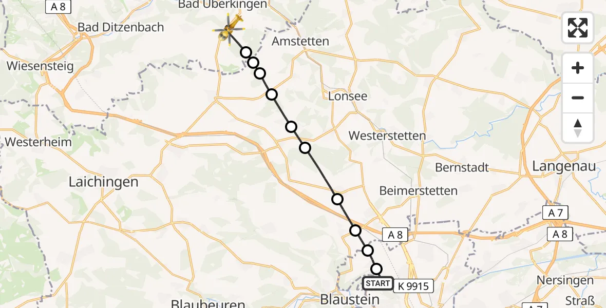 Flugroute Rettungshubschrauber ADAC Air Rescue Station Ulm (Christoph 22) - Türkheim, 28 Februar 2026, 14:27