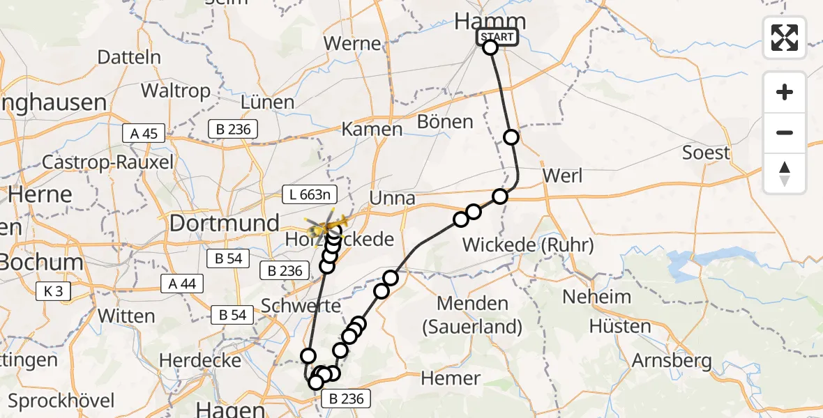 Flugroute Ambulanzhubschrauber Hamm-Mitte - Dortmund Airport, 28 Februar 2026, 14:33