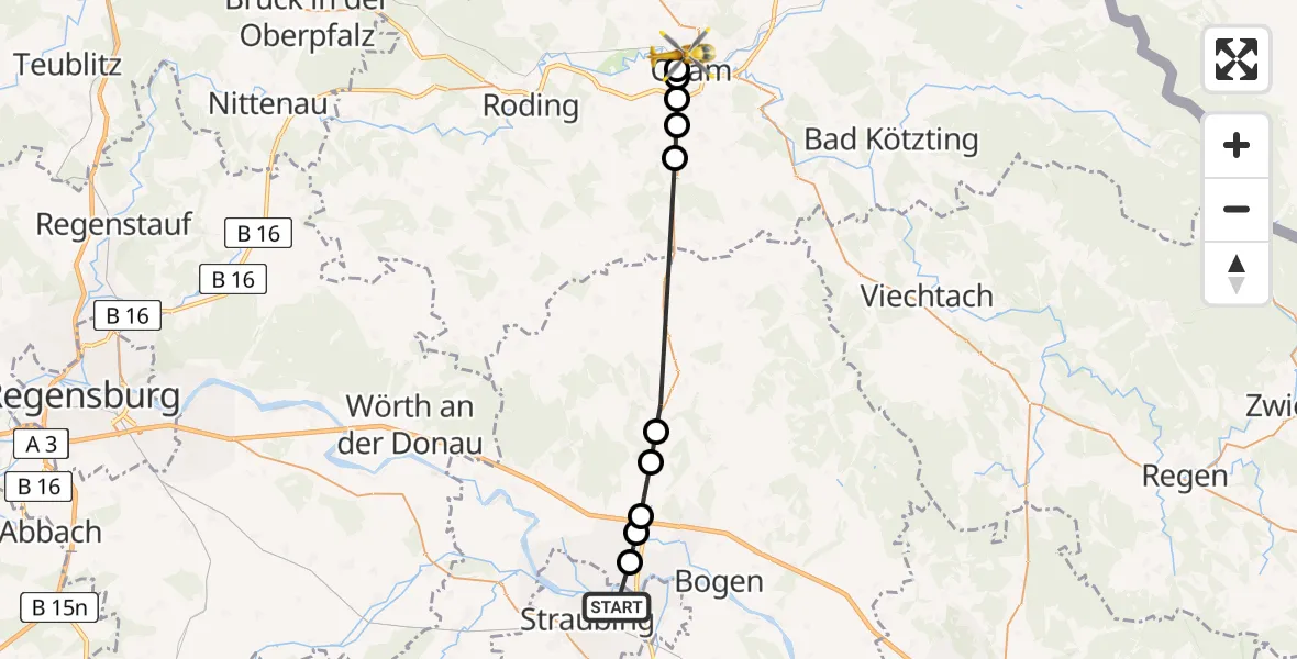 Flugroute Rettungshubschrauber Straubing - Cham Hospital Heliport, 28 Februar 2026, 14:33