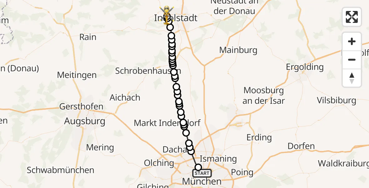 Flugroute Rettungshubschrauber München - Ingolstadt Hospital Heliport, 28 Februar 2026, 14:34
