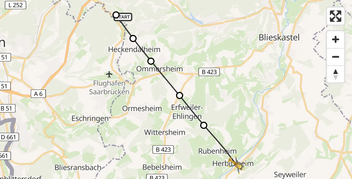 Flugroute Rettungshubschrauber St. Ingbert - Herbitzheim, 28 Februar 2026, 14:38