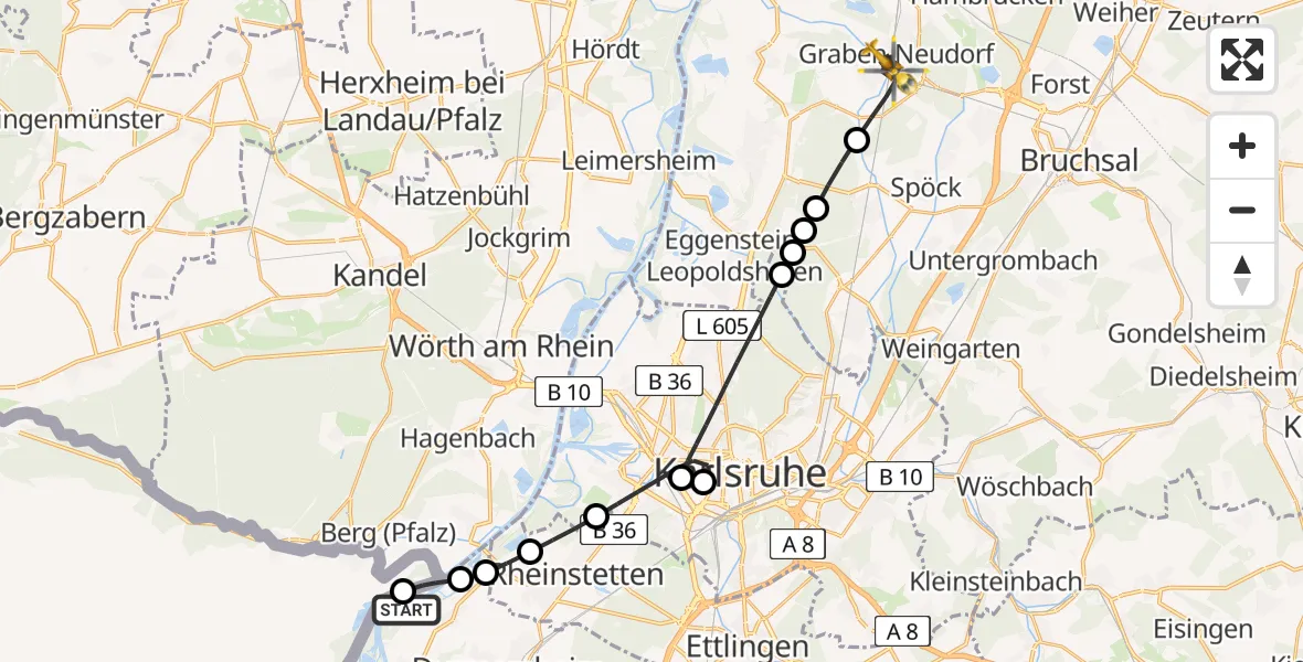 Flugroute Rettungshubschrauber Au am Rhein - Graben-Neudorf, 28 Februar 2026, 14:49