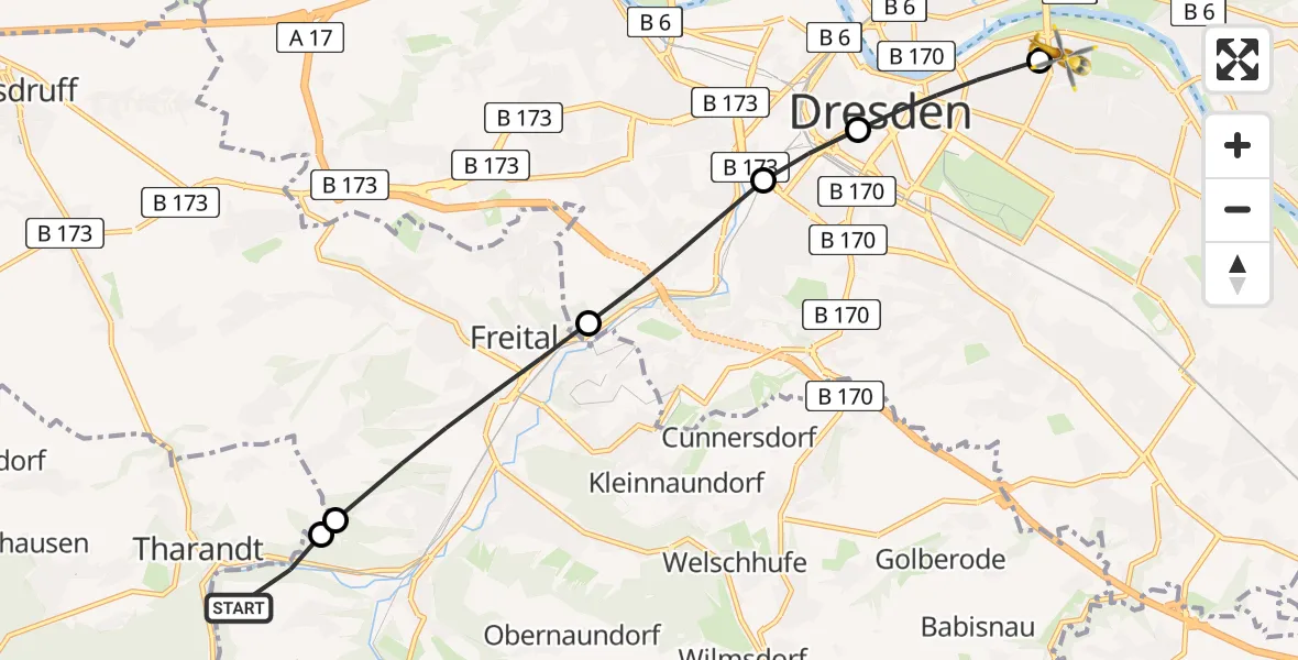 Flugroute Rettungshubschrauber Freital - Dresden University Hospital Heliport, 28 Februar 2026, 14:56