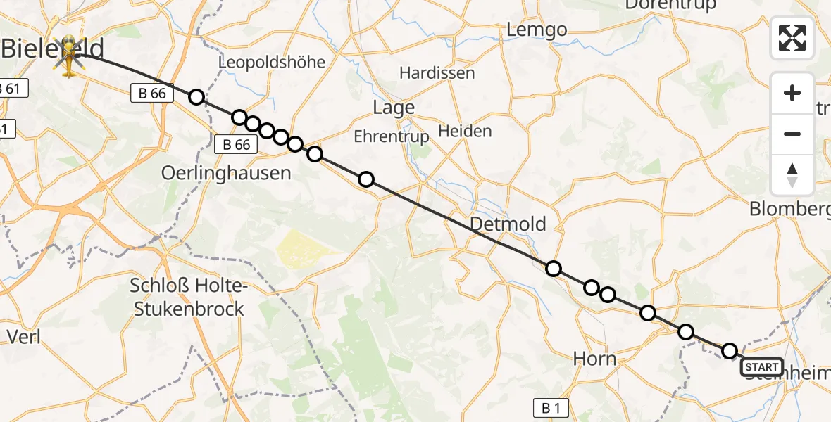Flugroute Rettungshubschrauber Steinheim - Bielefeld, 28 Februar 2026, 15:00
