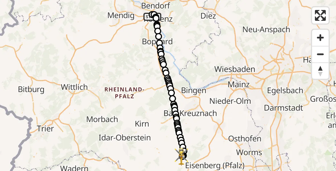 Flugroute Rettungshubschrauber Koblenz - Imsweiler UL, 28 Februar 2026, 15:01