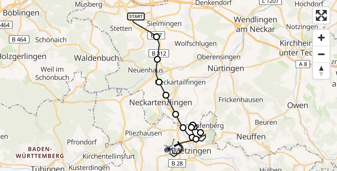 Flugroute Polizeihubschrauber Stuttgart Airport - Metzingen, 28 Februar 2026, 15:11