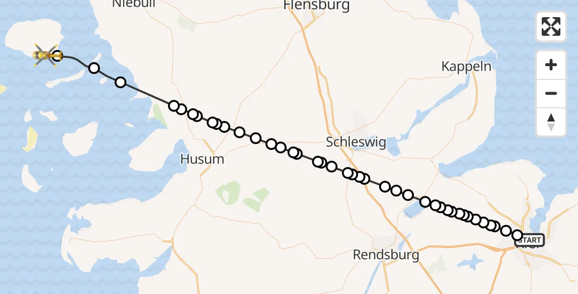 Flugroute Rettungshubschrauber Kiel - Wyk auf Föhr, 28 Februar 2026, 15:17