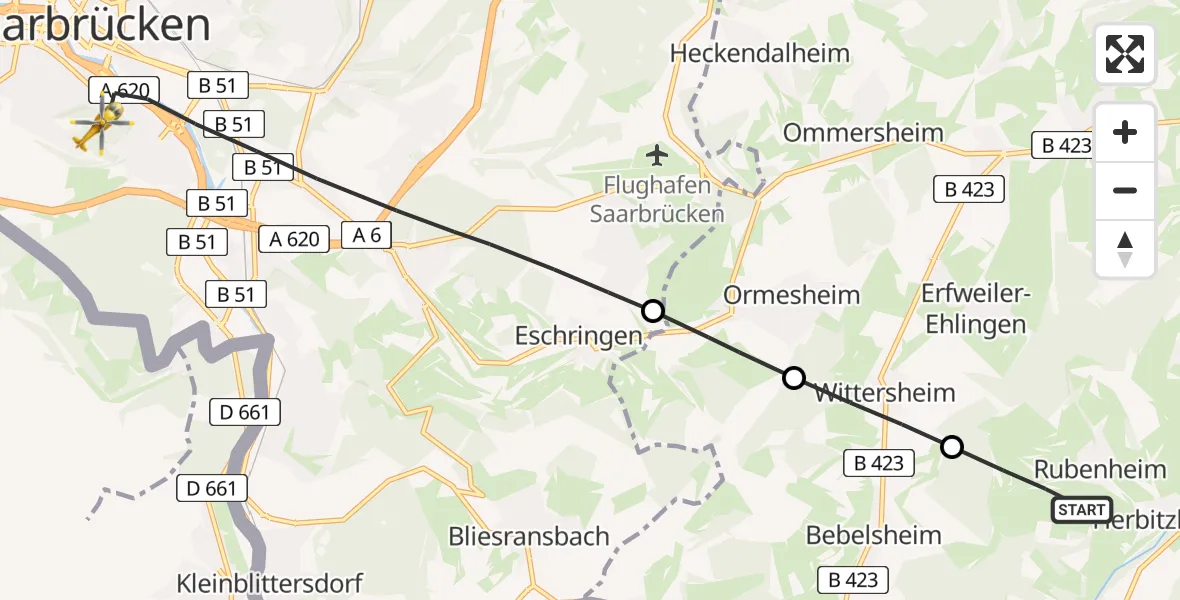 Routekaart van de vlucht: Rettungshubschrauber nach Saarbrücken, Winterberg