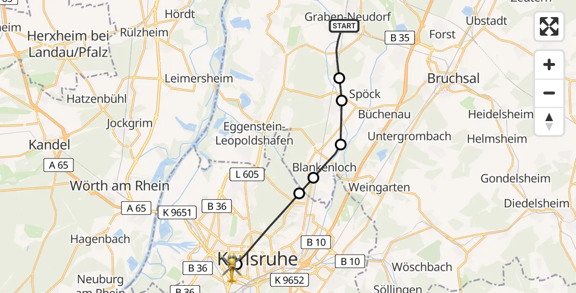 Flugroute Rettungshubschrauber Graben-Neudorf - Sankt Vincentius Hospital Heliport, 28 Februar 2026, 15:41