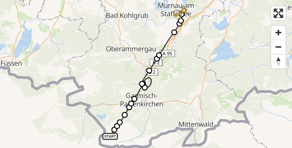 Routekaart van de vlucht: Rettungshubschrauber nach Murnau Accident Hospital Heliport