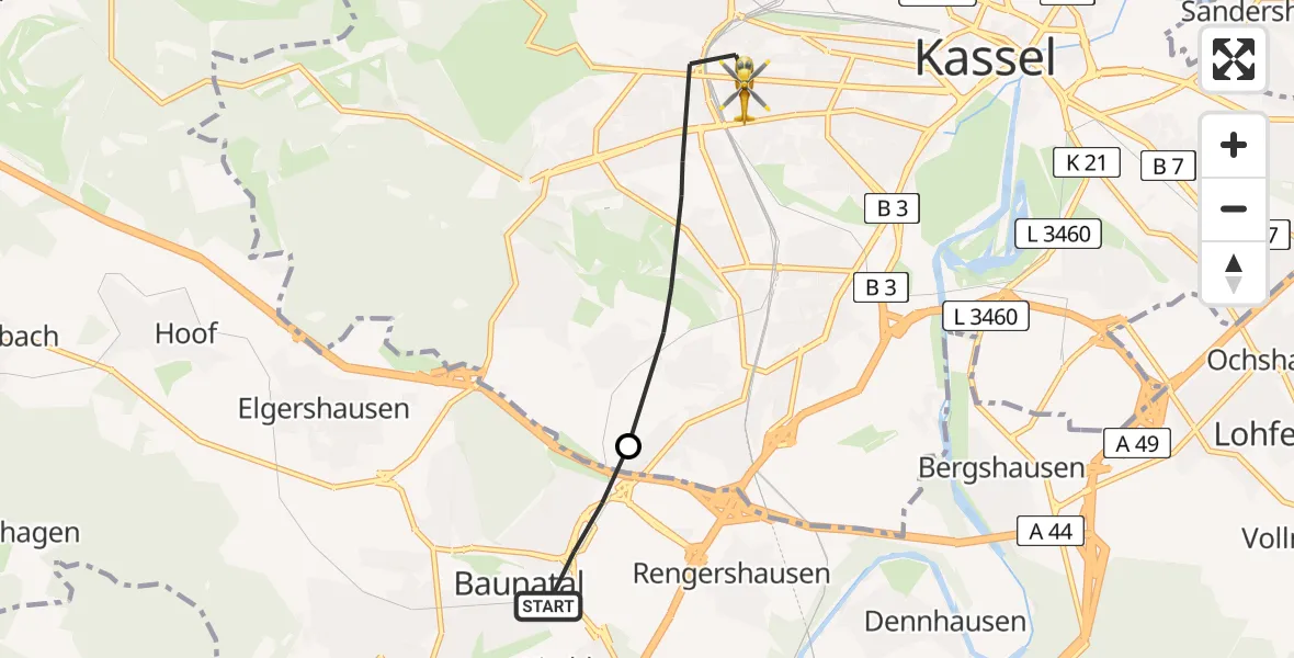 Routekaart van de vlucht: Rettungshubschrauber nach Kassel, Hansteinstraße
