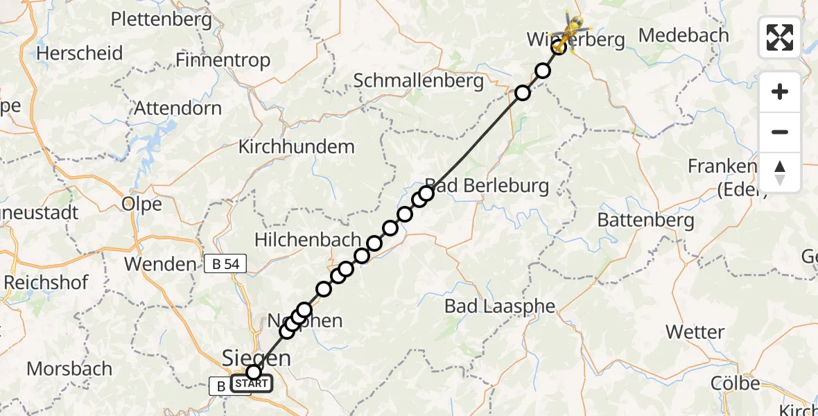 Flugroute Rettungshubschrauber Evangelisches Jung-Stilling Hospital Helipad - Winterberg, 28 Februar 2026, 16:11