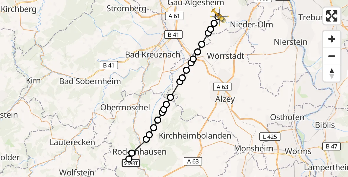 Flugroute Rettungshubschrauber Imsweiler UL - Schwabenheim an der Selz, 28 Februar 2026, 16:12