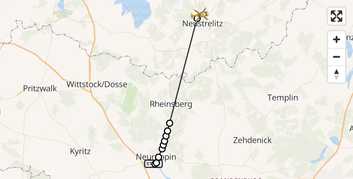 Flugroute Rettungshubschrauber Rupin Hospital Helipad - Neustrelitz, 28 Februar 2026, 16:16