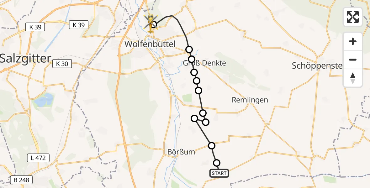 Flugroute Rettungshubschrauber Seinstedt - Wolfenbüttel Municipal Hospital Heliport (Christoph 30), 28 Februar 2026, 16:18