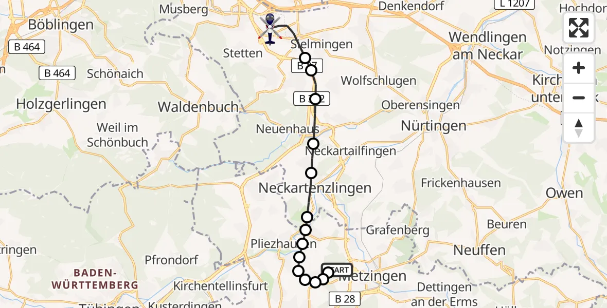 Flugroute Polizeihubschrauber Metzingen - Stuttgart Airport, 28 Februar 2026, 16:35
