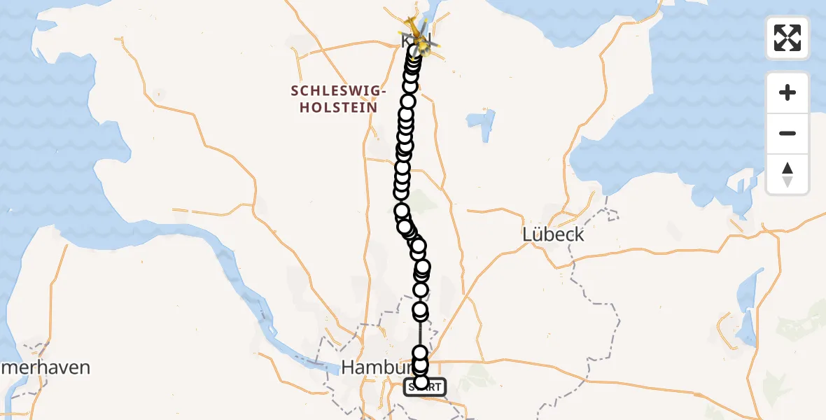 Flugroute Rettungshubschrauber Christoph Hansa ADAC Helipad - Kiel, 28 Februar 2026, 16:37