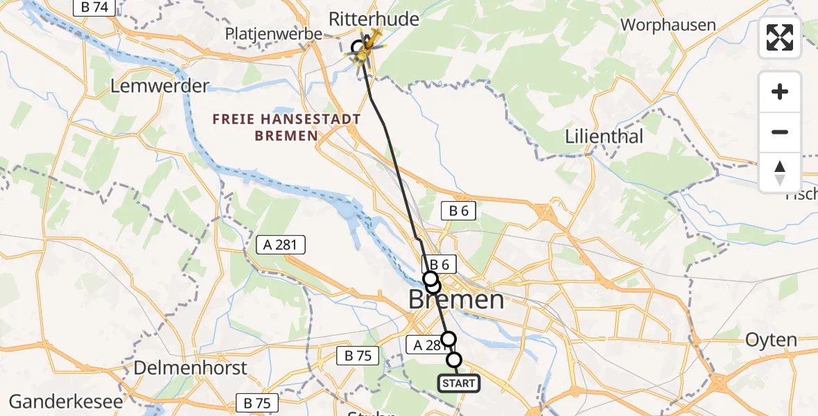 Flugroute Rettungshubschrauber Bremen-Süd - Ritterhude, 28 Februar 2026, 16:38