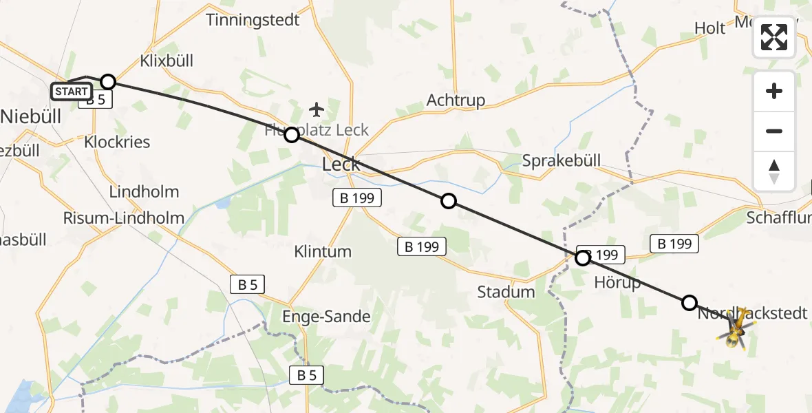 Flugroute Rettungshubschrauber Niebüll - Nordhackstedt, 28 Februar 2026, 16:39
