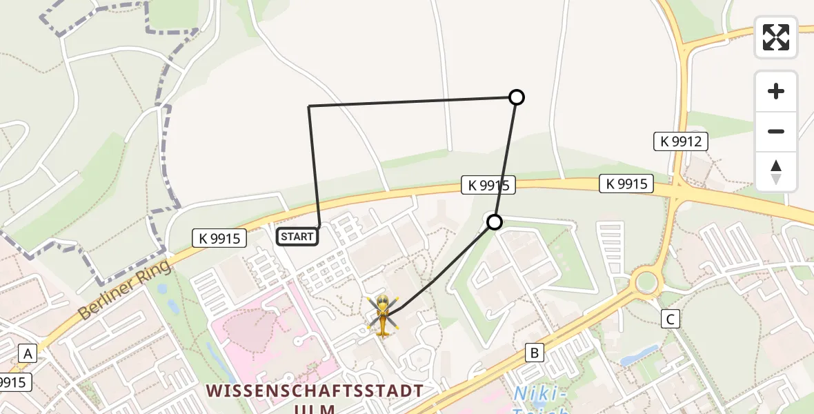 Flugroute Rettungshubschrauber ADAC Air Rescue Station Ulm (Christoph 22) - Ulm Military Hospital Emergency Heliport, 28 Februar 2026, 16:43