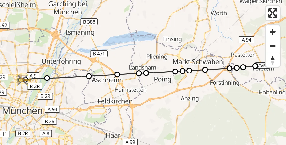 Routekaart van de vlucht: Ambulanzhubschrauber nach München, Kölner Platz