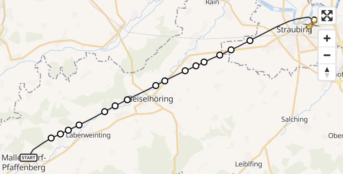 Flugroute Rettungshubschrauber Mallersdorf-Pfaffenberg - Sankt Elisabeth Hospital Straubing Heliport, 28 Februar 2026, 16:57