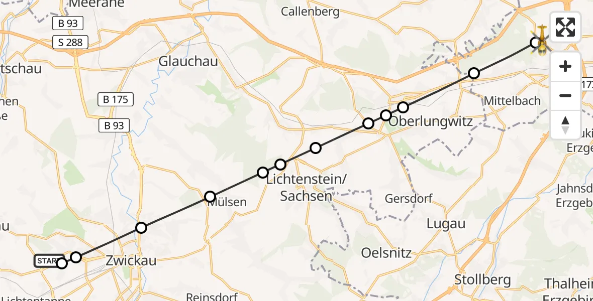 Flugroute Rettungshubschrauber ADAC Air Rescue Station Zwickau Heliport - Chemnitz, 28 Februar 2026, 17:00