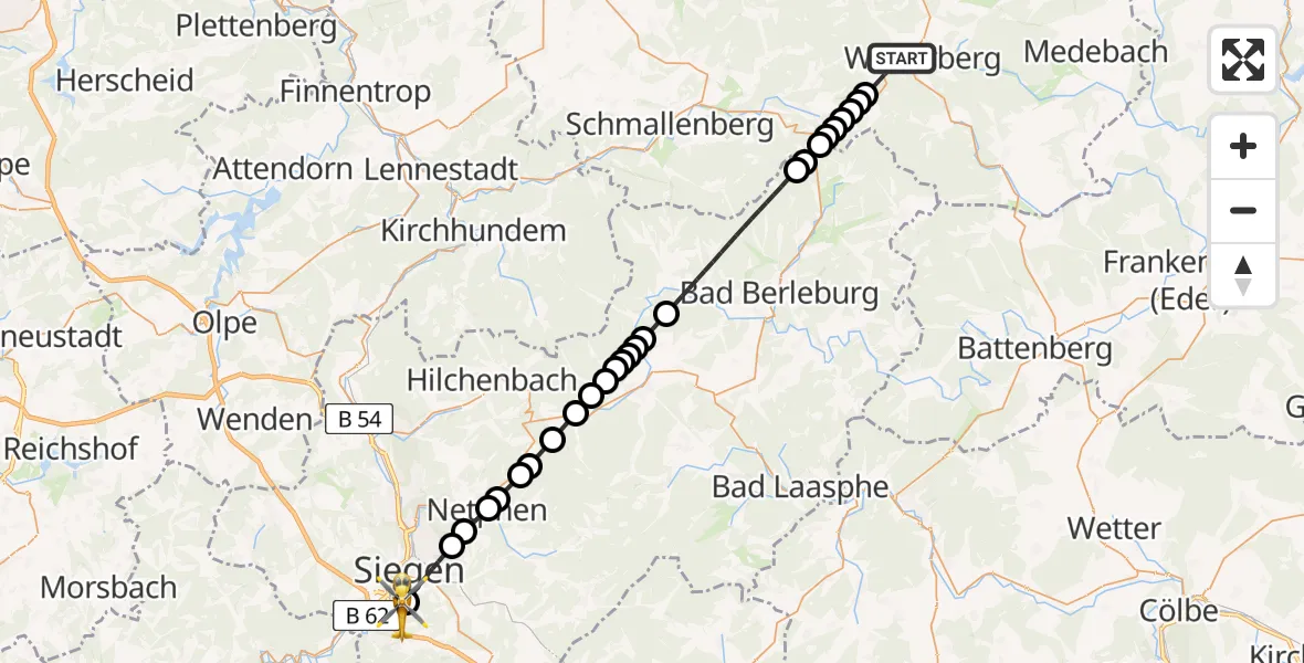 Flugroute Rettungshubschrauber Winterberg - Evangelisches Jung-Stilling Hospital Helipad, 28 Februar 2026, 17:03