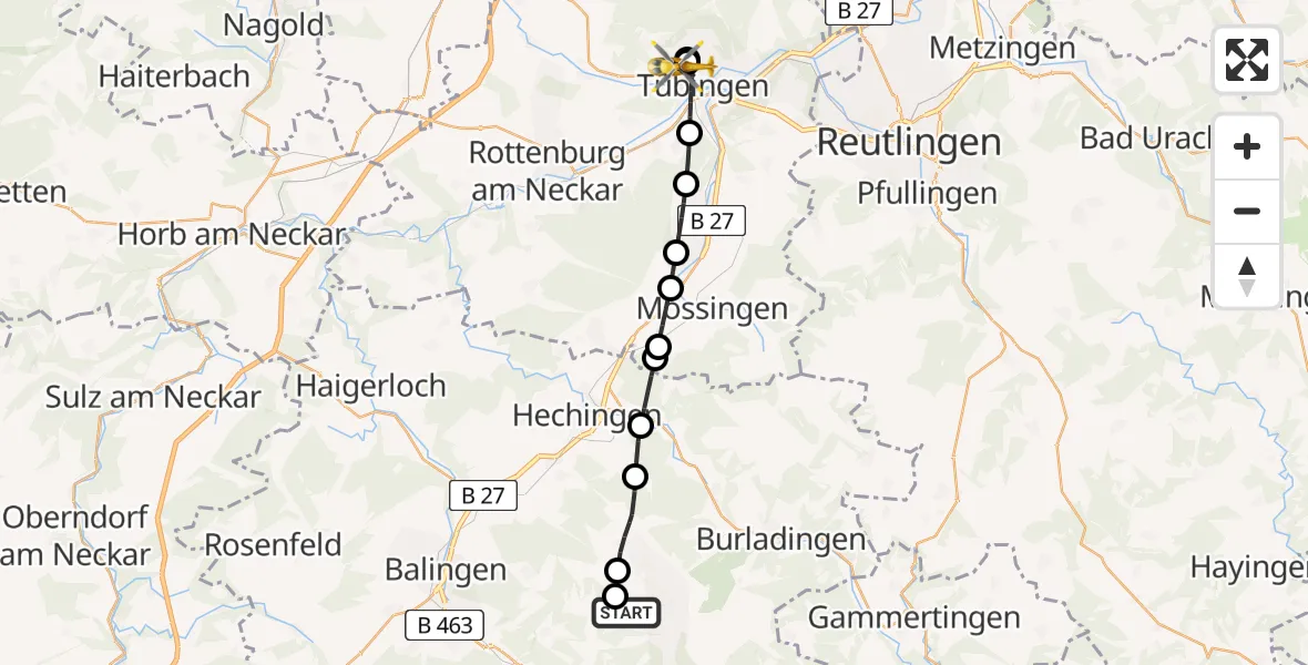 Flugroute Rettungshubschrauber Albstadt - Tübingen University Hospital Heliport, 28 Februar 2026, 17:19
