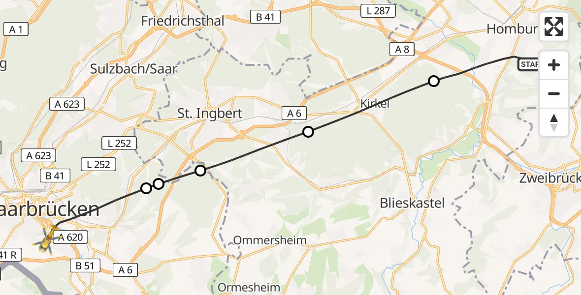 Flugroute Rettungshubschrauber Homburg - Saarbrücken, 28 Februar 2026, 17:29