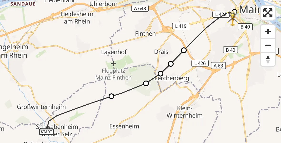 Routekaart van de vlucht: Rettungshubschrauber nach Mainz University Hospital Heliport