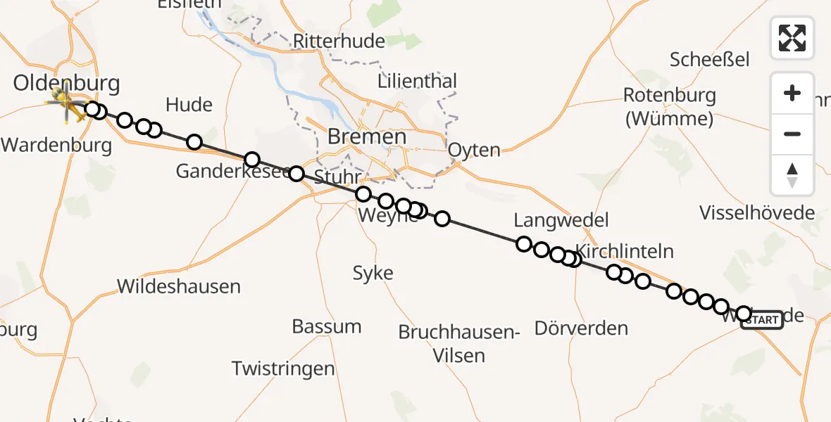 Flugroute Ambulanzhubschrauber Walsrode - Oldenburg, 28 Februar 2026, 17:58