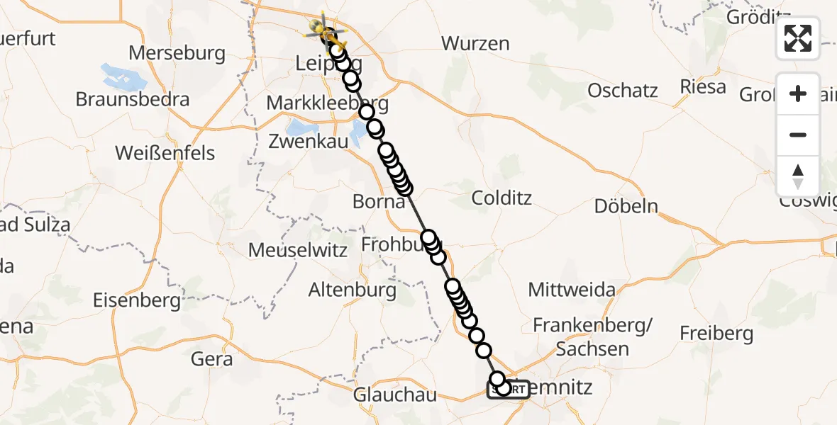 Flugroute Rettungshubschrauber Chemnitz - Sankt Georg Hospital Leipzig Reserve Heliport, 28 Februar 2026, 18:00
